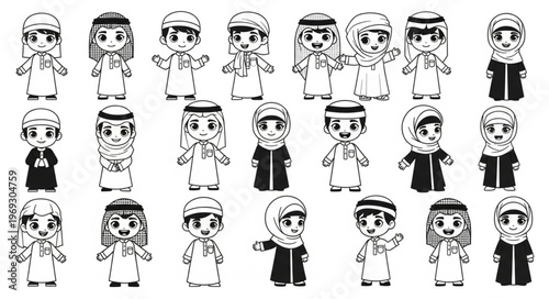 Collection of Cartoonish Arab People in Traditional Attire.