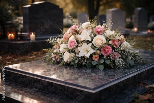 Floral Arrangement on Polished Marble Grave with Candles in Cemetery