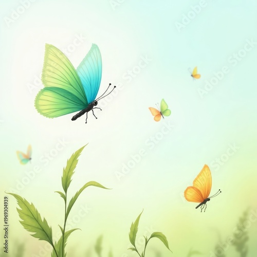 Green and blue butterfly flying with smaller orange and green butterflies