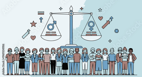 Diverse group of people standing in front of balance scale with equality symbols