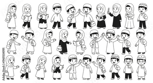 Collection of cartoon children in traditional Islamic attire.