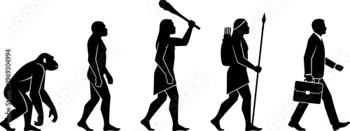 Human evolution from primitive ape to modern businessman walking with briefcase representing progress development civilization and growth of man species.