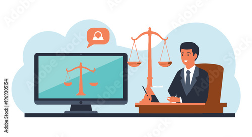 Justice and technology concept with lawyer at desk