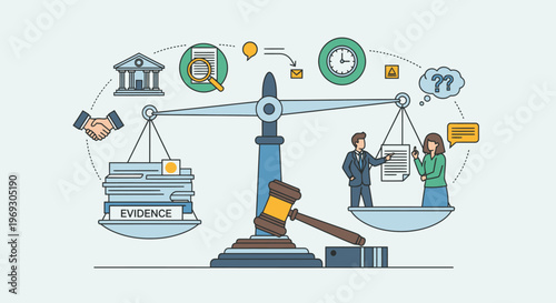 Law and justice concept with balance scales and evidence
