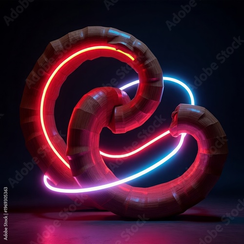 Intertwined wooden tubes with neon light abstract background