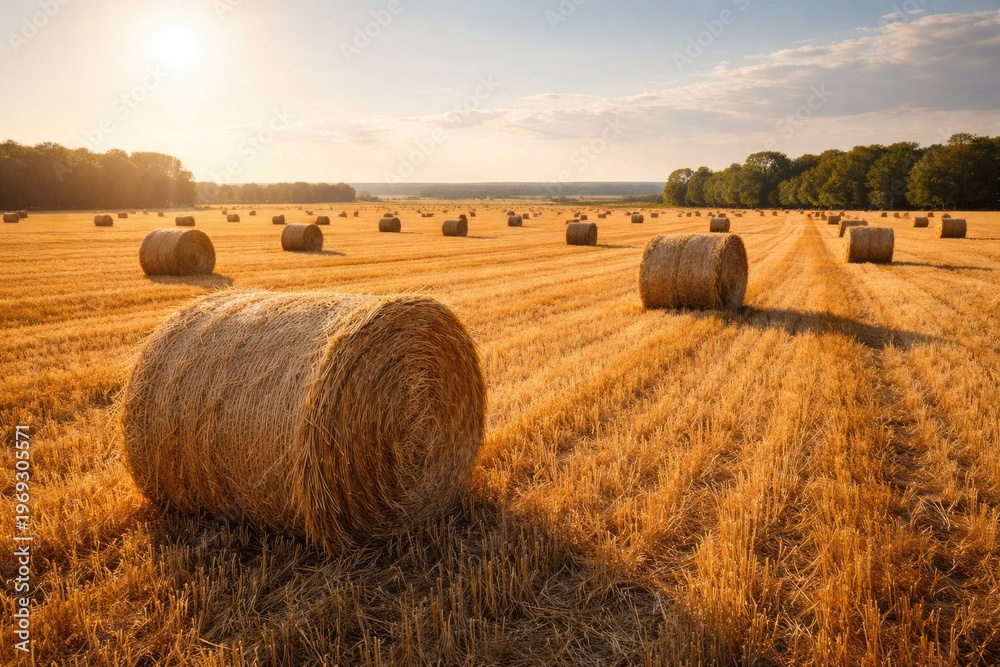 Fototapeta premium Golden Hay Bales in Sunlit Field at Harvest Time