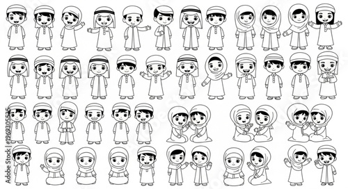 Collection of cartoon drawings of Arab children in traditional attire.