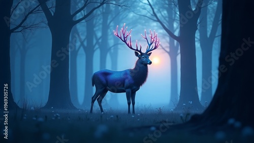 Majestic blue deer with glowing antlers in foggy forest