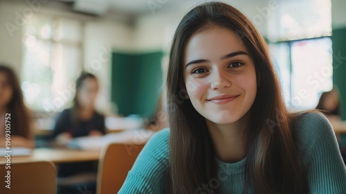 A young woman smiling in a classroom with her classmates in the background