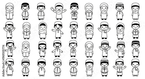 Collection of cartoon illustrations of Arab children in traditional attire.