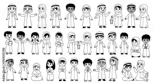 Collection of cartoon illustrations of Arab children in traditional attire.