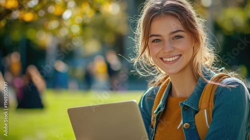 A young woman smiling while holding a laptop in a park