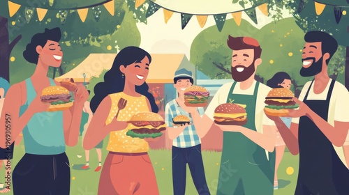 A group of happy people enjoying burgers at an outdoor festival