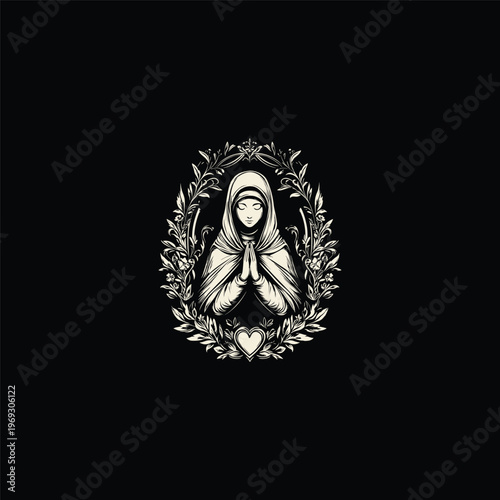 Vintage hand drawn illustration of a praying woman or nun with a floral frame and heart symbol on black background.
