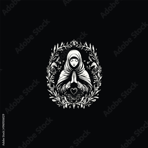 A minimalist black and white vector illustration of a praying woman wearing a hijab, framed by a decorative floral wreath with a heart symbol.