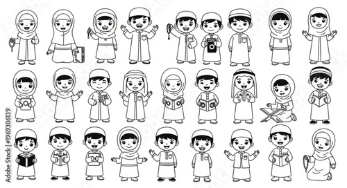 Collection of cartoon illustrations of Muslim children in traditional attire.