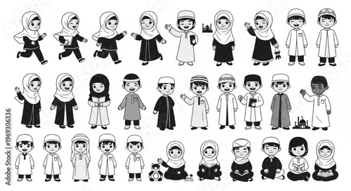 Collection of cartoon illustrations of Muslim children in various poses and outfits.