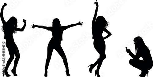 Silhouettes of girls dancing and celebrating at party with one woman crouching and taking photos on smartphone isolated on white