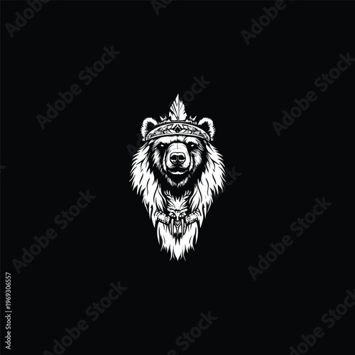 Strong grizzly bear head wearing tribal crown and accessories in black and white style.