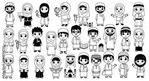 Collection of Cartoon Muslim Characters in Various Poses and Outfits.