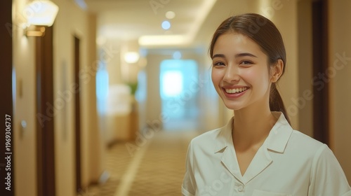 A smiling Asian woman in a white shirt standing in a hotel hallway