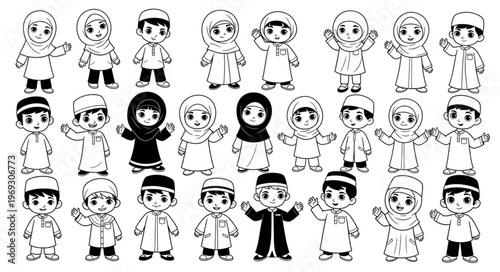 Collection of cartoon Muslim children in traditional attire, black and white.