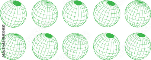 Green wireframe globe set with geographic grid spheres for technology and business design