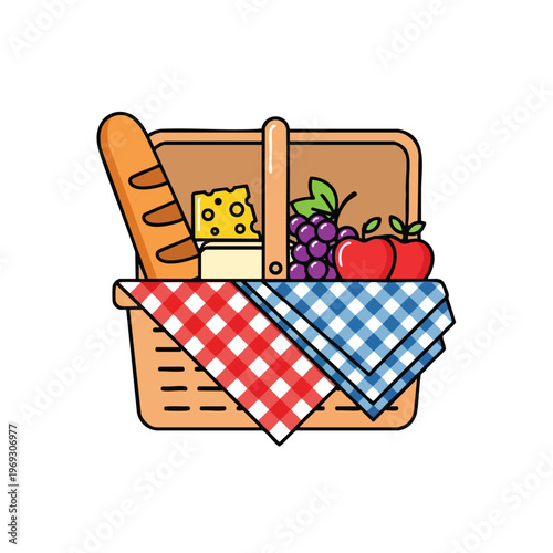 Picnic basket filled with bread, cheese, grapes, and apples, draped with checkered cloths