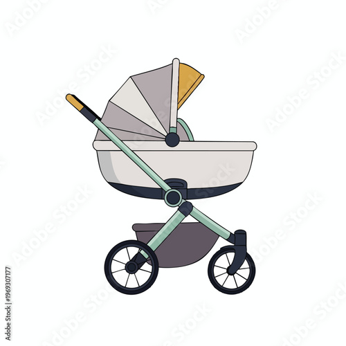 A modern pram with grey, yellow, and mint accents, a canopy, and storage