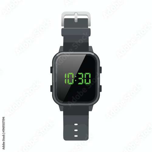 Square digital watch face shows 1030 with a grey strap and silver buckle