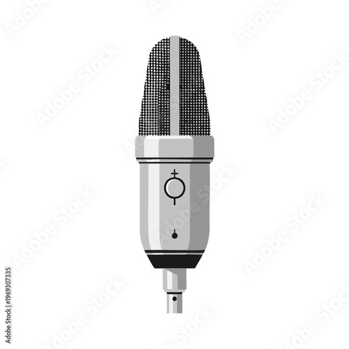 A silver condenser microphone with a black mesh grille and a circular pattern