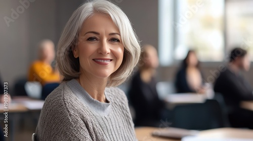 A smiling older woman sitting in a classroom with people around her