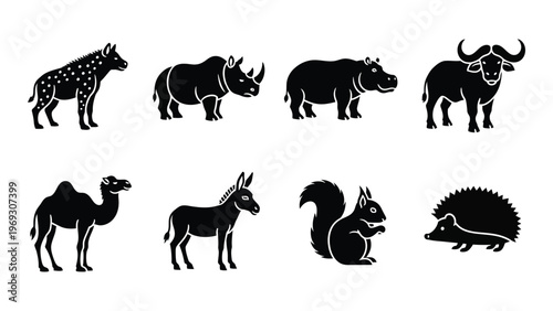 A collection of african wildlife animals including a camel rhino and squirrel presented in a stark silhouette high quality professional detailed