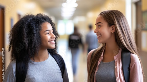 Two teenage girls smiling at each other in a school hallway