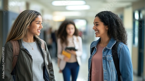 Two young women chatting in a school hallway with a friend in the background