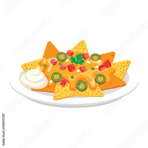 Pile of cheesy nachos topped with jalapeños, tomatoes, and a dollop of sour cream