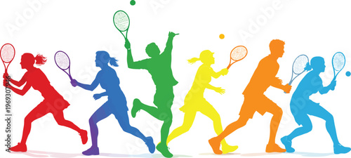 Colorful Tennis Player Silhouette Illustration with Paint Splash Background
