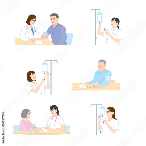 Medical and nursing illustration set: hospital care, medical exam, and vaccination