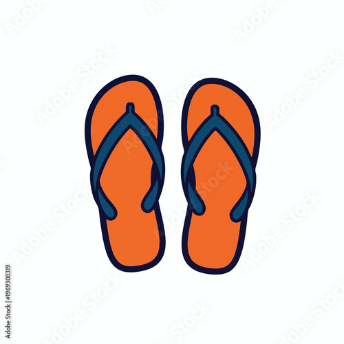 Bright orange flip-flops with dark blue straps and outlines on white