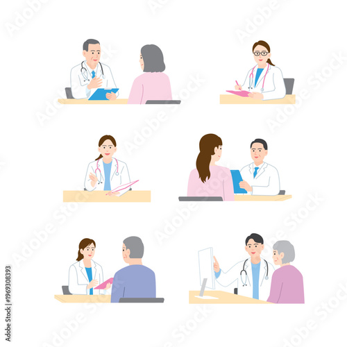 Medical and nursing illustration set: hospital care, medical exam, and vaccination