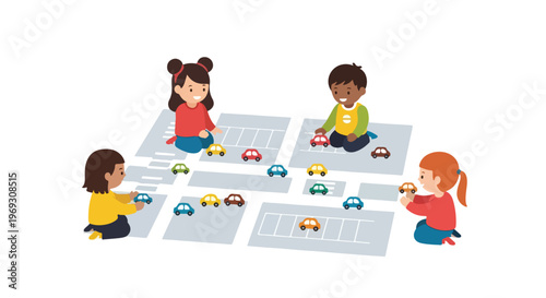 A vector illustration depicting four young children happily playing together with toy cars on a large road-themed play mat on the floor.