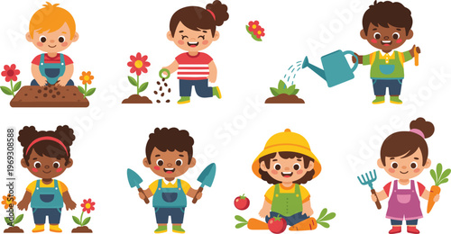 Kids Gardening Activity Vector Illustration Featuring Children Planting Flowers, Watering Plants, Growing Vegetables, and Learning Nature Care in Cute Cartoon Style