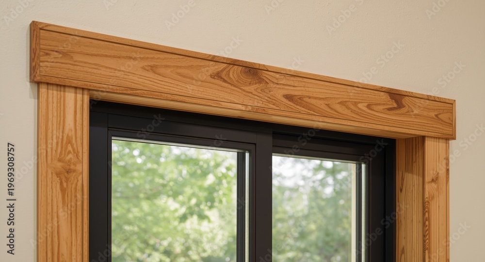 Fototapeta premium Vinyl trim with natural wood appearance above a horizontal sliding window