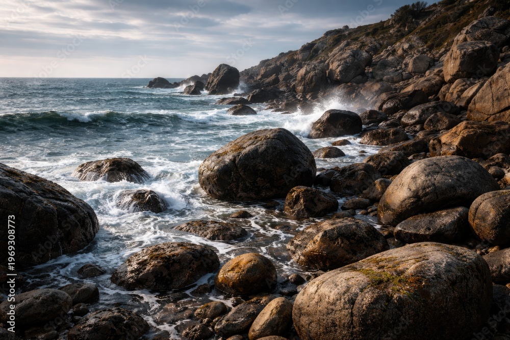 Fototapeta premium Large rocks dispersed along a rugged ocean shore