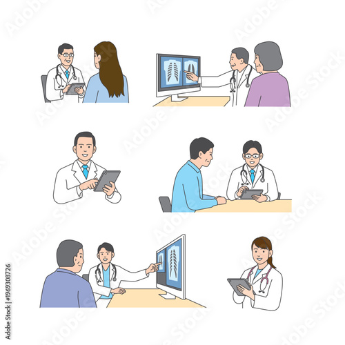 Medical and nursing illustration set: hospital care, medical exam, and vaccination