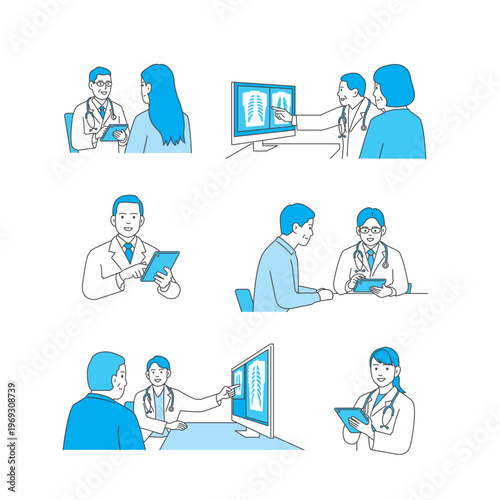 Medical and nursing illustration set: hospital care, medical exam, and vaccination