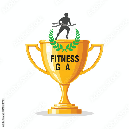 Golden trophy with runner crossing finish line, crowned by leaves