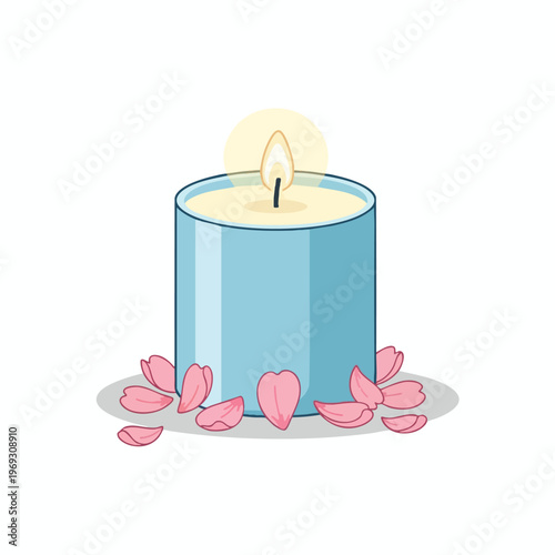 A light blue candle with a warm glow sits surrounded by scattered pink flower petals