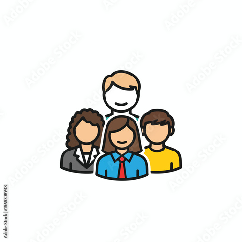 Cartoonish illustration of four smiling, diverse people forming a united group
