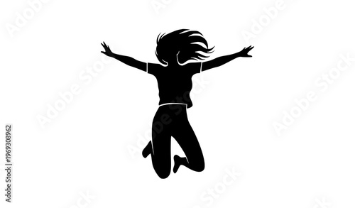 Energetic funky girl jumping silhouette vector isolated on white background playful movement concept
